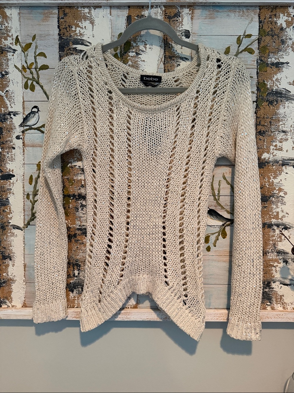 bebe Open-Knit Scoop Neck Sweater in Cream